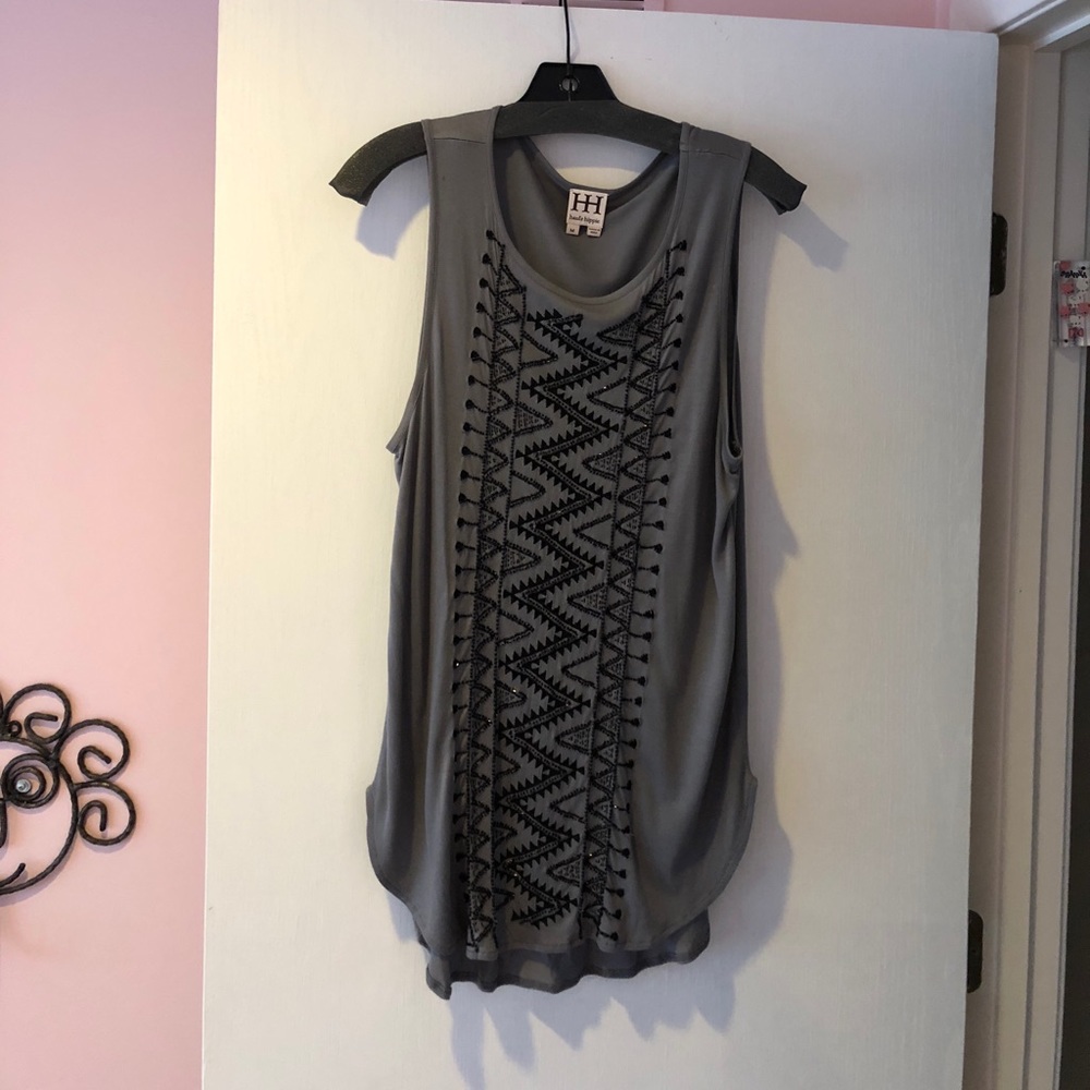 Long grey sleeveless tunic with black beads.